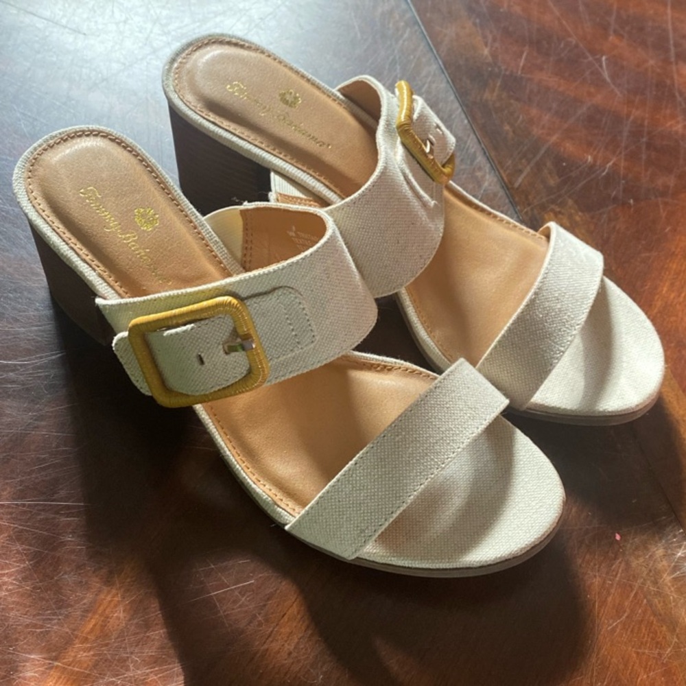 Tommy Bahama Cream Block Heel Sandals with Yellow Buckle